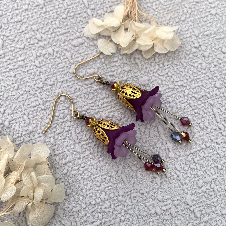 Purple and Gold Lucite Flower Drop Earrings