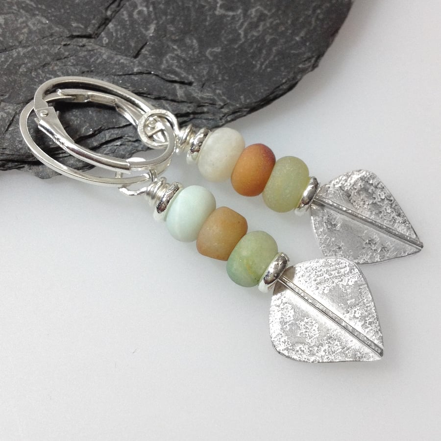 Silver and amazonite leaf spear earrings