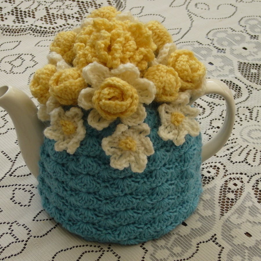 Crochet Tea Cosy/Blue with Flower Garden Top  (Made to order)