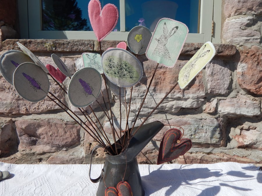 Hare,wild flower and hearts - Screen printed fabric and willow flowers