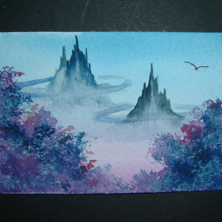 aceo SFA  art painting original fantasy castles Impressionist purple  landscape 