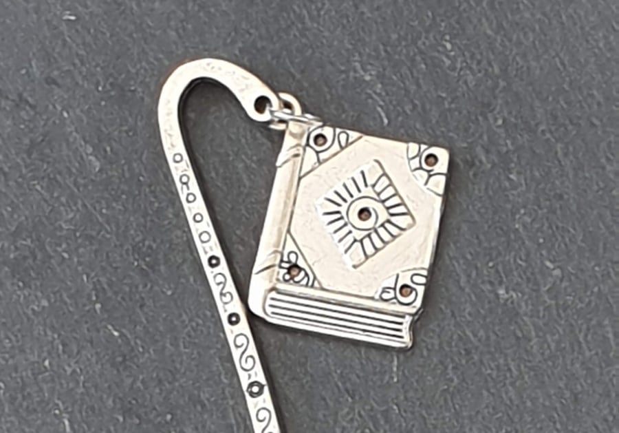 Patterned Metal Bookmark with Book Charm