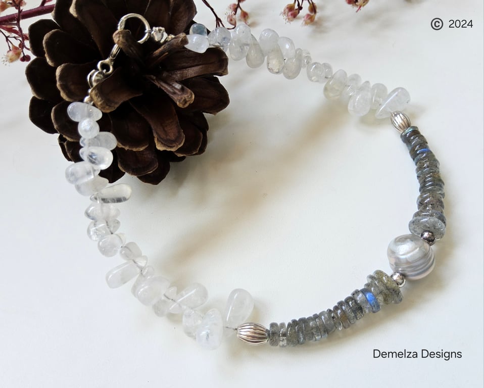 Labradorite, Sri Lanka White Moonstone, Freshwater Pearl Silver Bracelet 