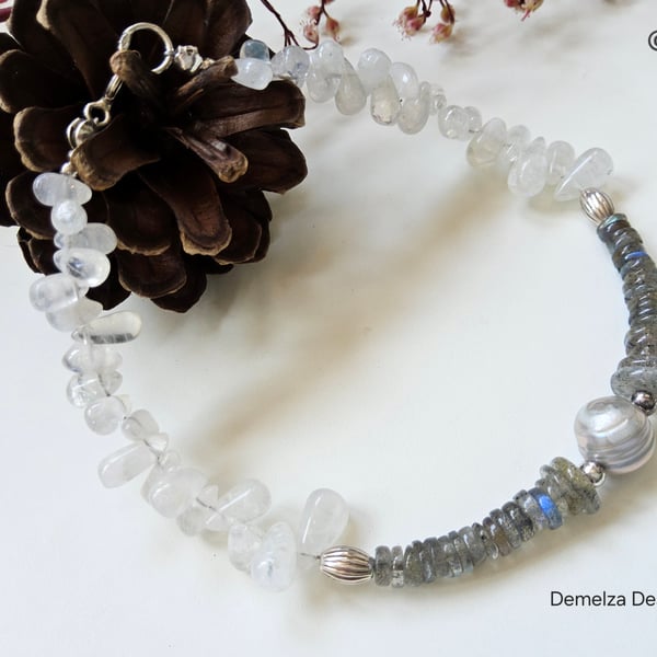 Labradorite, Sri Lanka White Moonstone, Freshwater Pearl Silver Bracelet 