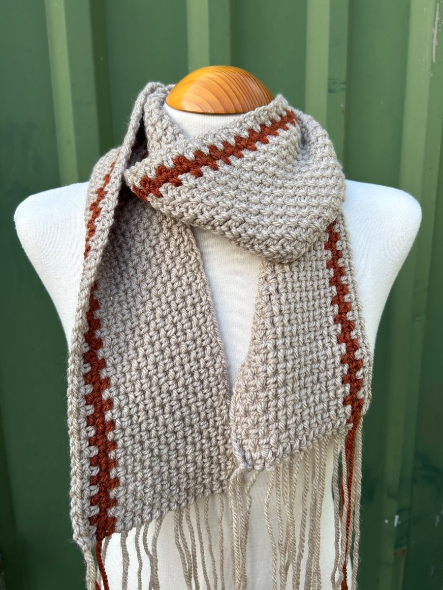Beige and Rusty Brown Handmade Moss Stitch Scarf 