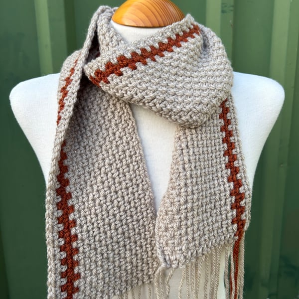Beige and Rusty Brown Handmade Moss Stitch Scarf 