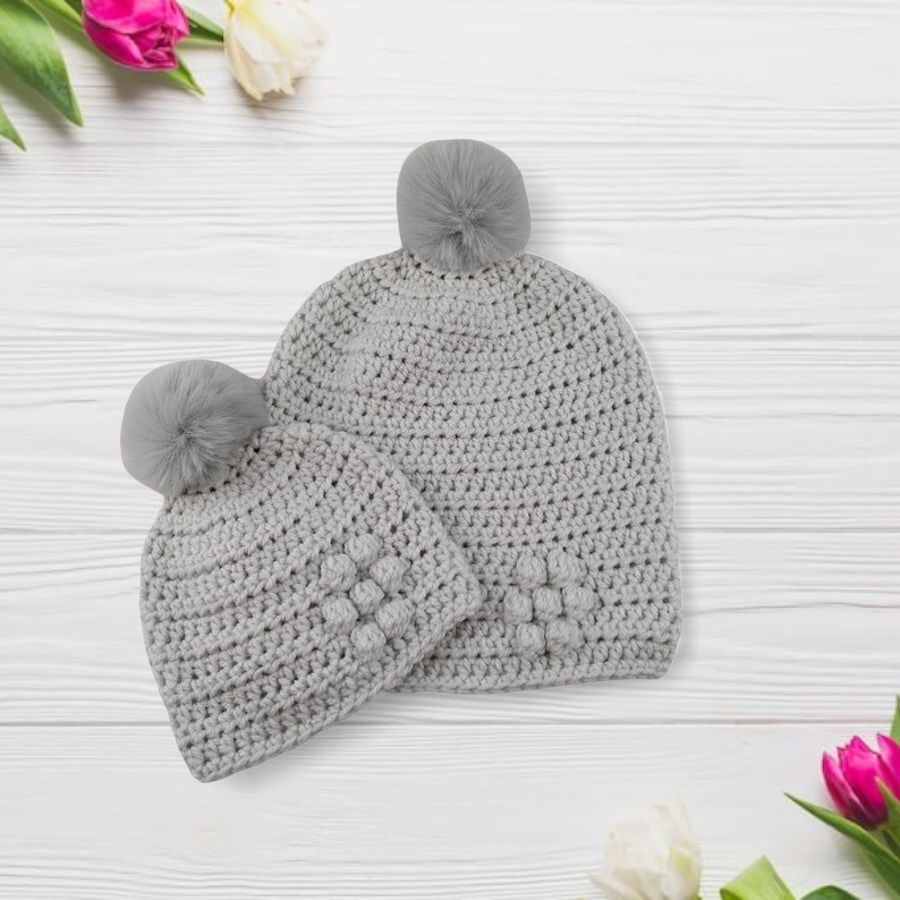 Crocheted Mum and Baby Hat Set, Grey Hats, Faux Fur Pompoms, Bobble Flower 