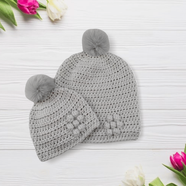 Crocheted Mum and Baby Hat Set, Grey Hats, Faux Fur Pompoms, Bobble Flower 