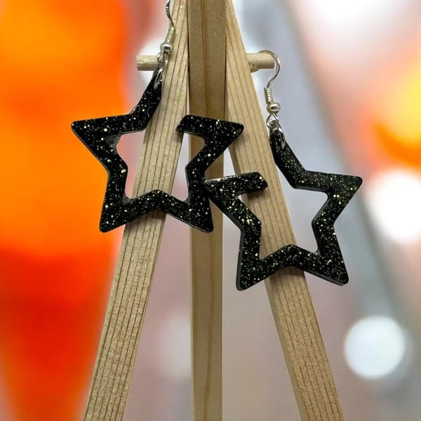 Handmade Resin Star Earrings Dark Green & Black Glitter Sterling silver Hook Lig