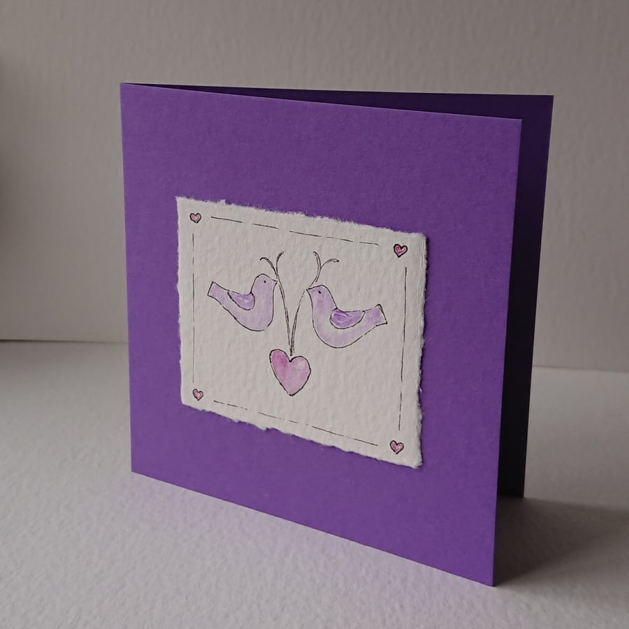 Romantic card - purple love birds - recycled, recyclable