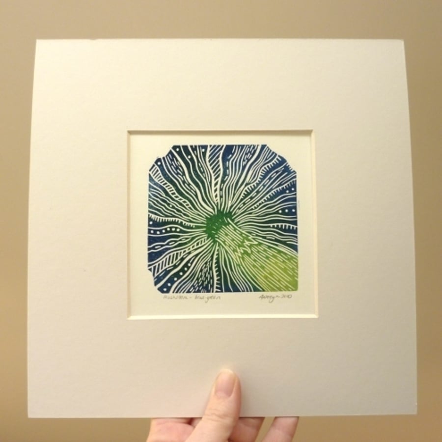 Original lino cut print "Mushroom - green-blue"