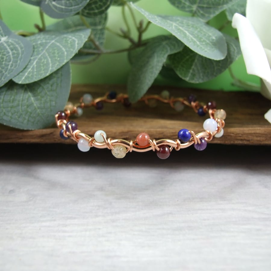 Bangle, Copper Wavy Bracelet with Rainbow Gemstones