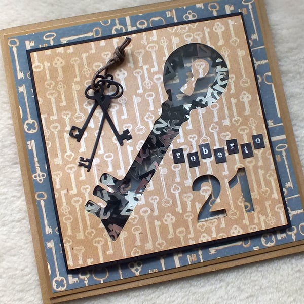 Personalised Luxury Handmade 21st Birthday Key Shaker Card