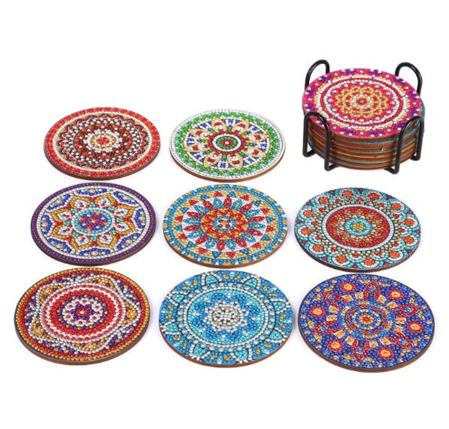 8pcs 5D Diamond Painting Coasters Kit Round Drill Mandala Medallion Coasters DIY