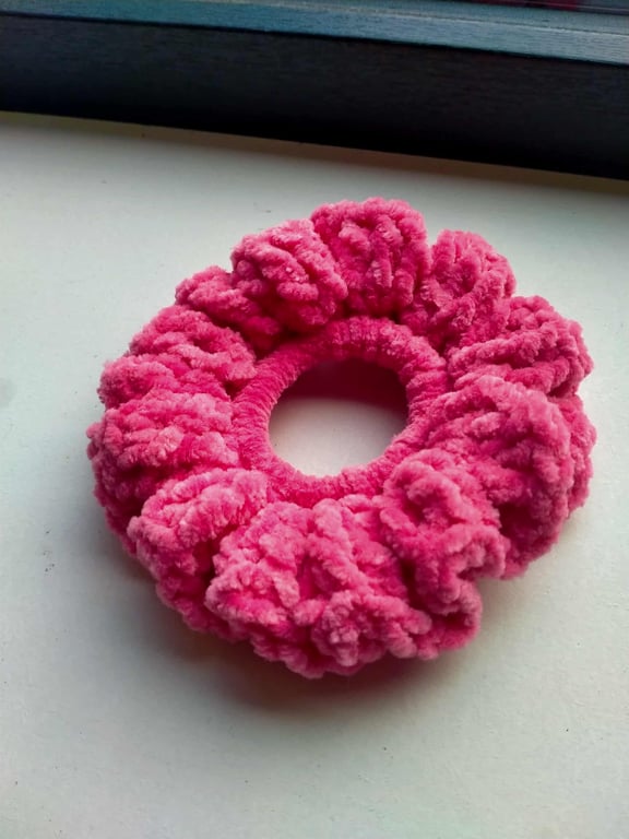 Handmade Hot Pink Crocheted Ruffle Scrunchie