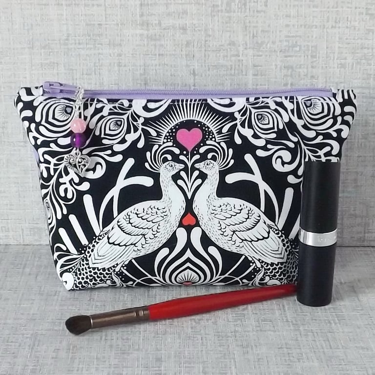 Makeup bag, zipped pouch, cosmetic bag, peacocks