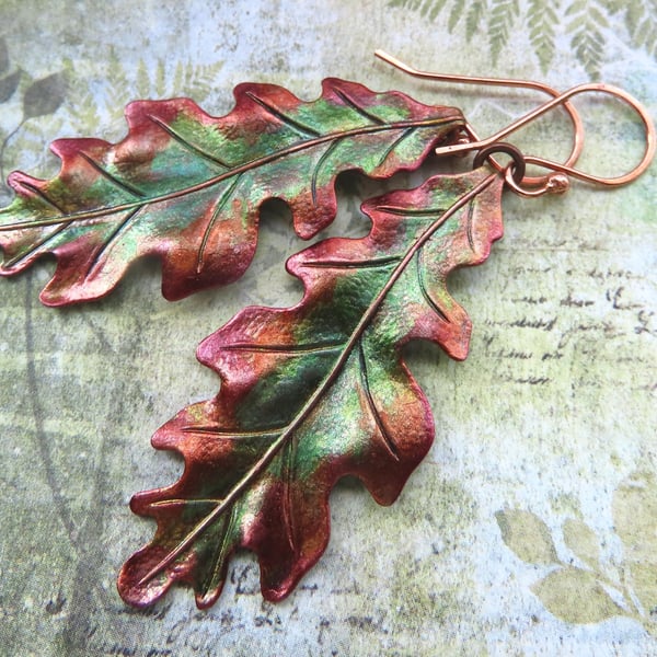 Oak Leaf Earrings "Elixir", Green and Rust Fall Oak Leaf Hand Painted Earrings
