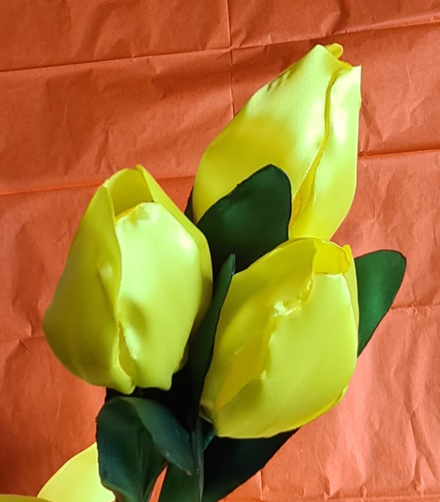 Beautiful Trio of Yellow Ribbon Tulips - Yellow Bow. Faux Flowers Gift