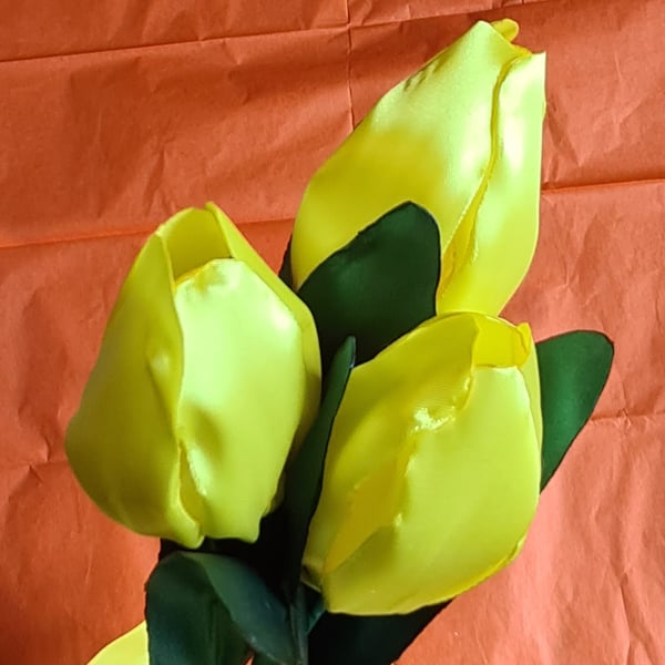 Beautiful Trio of Yellow Ribbon Tulips - Yellow Bow. Faux Flowers Gift