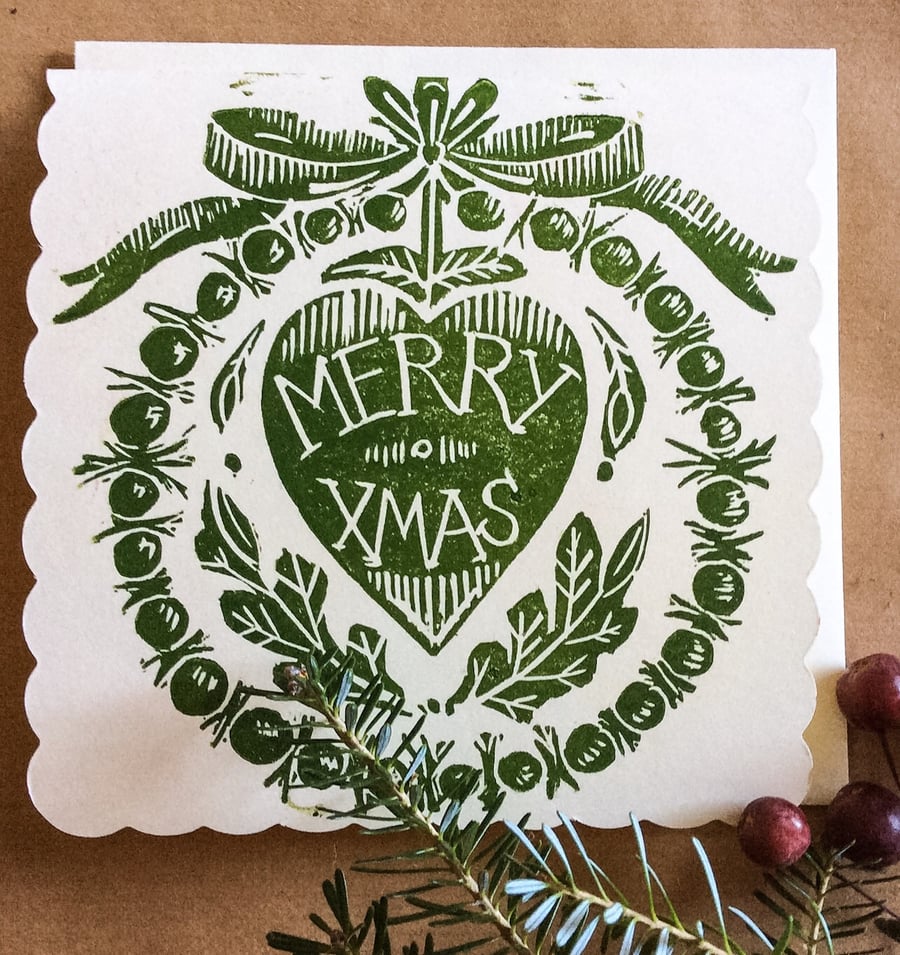 Hand Printed Lino Cut Christmas Card Green