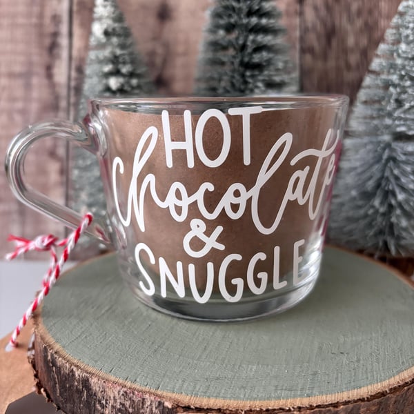 Hot Chocolate Glass Mug, Cosy Cocoa Cup, Hand-Lettered