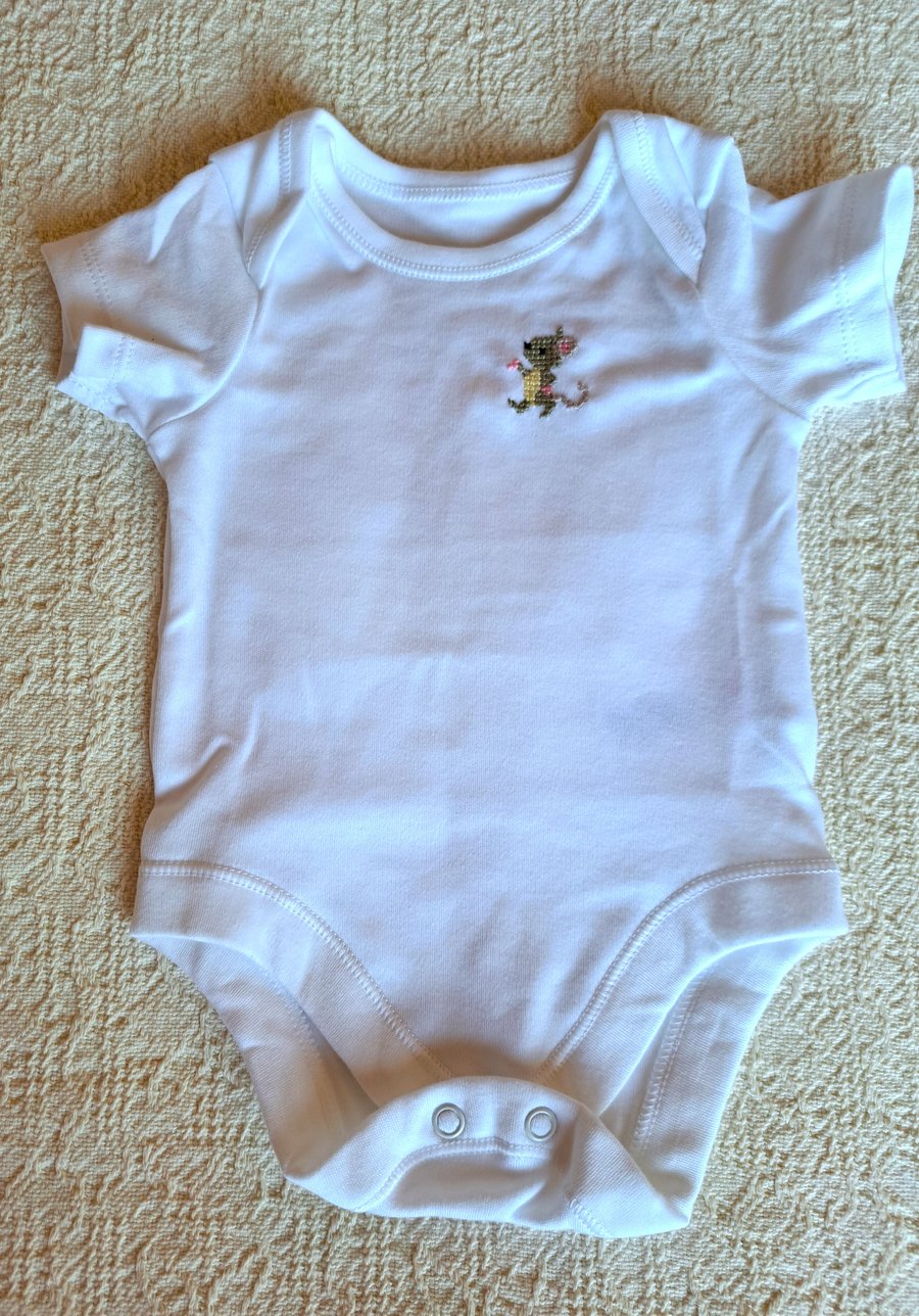 Mouse, baby vest, age 0-3 months, hand embroidered