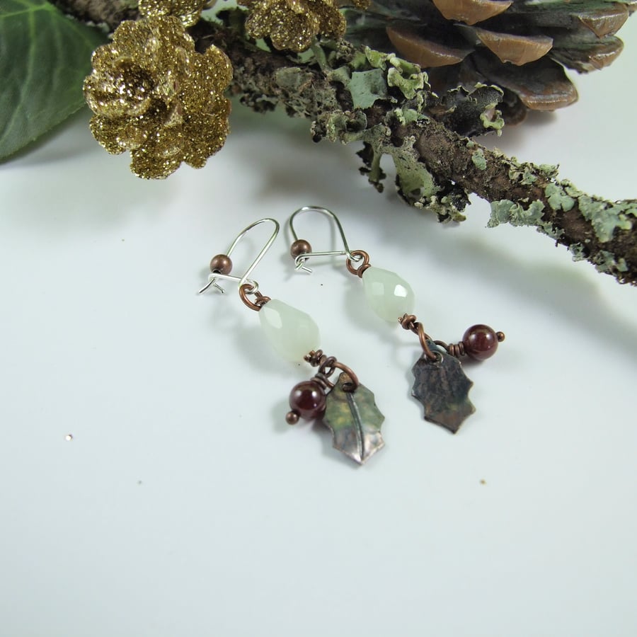 Earrings, Holly Leaf & Berry Festive Copper Droppers, Sterling Silver Ear Wires