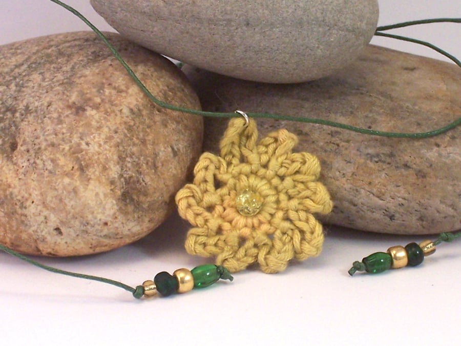 April - crochet carnation necklace in yellow, lime and green