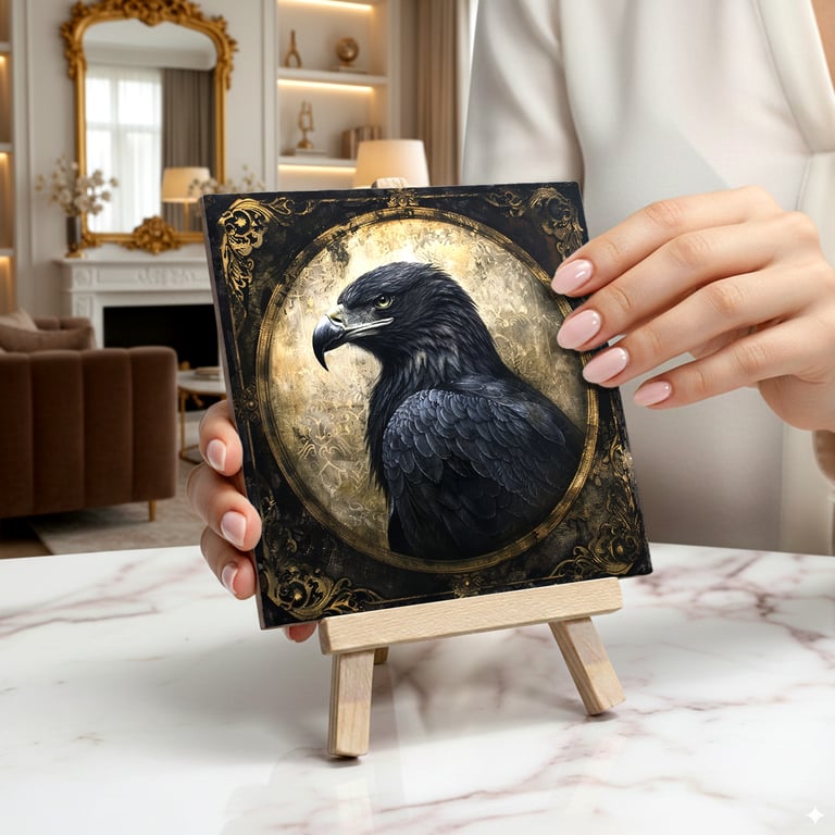 The Black Eagle Ceramic Tile Art On Easel - Gothic Home Decor - Room Decor