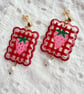 Strawberry Red Gingham Pearl Earrings - Image 3