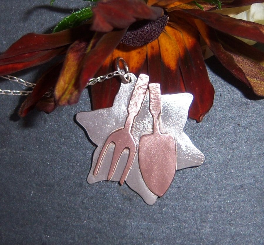 Garden tools pendant in sterling silver and copper