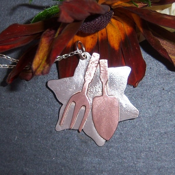 Garden tools pendant in sterling silver and copper