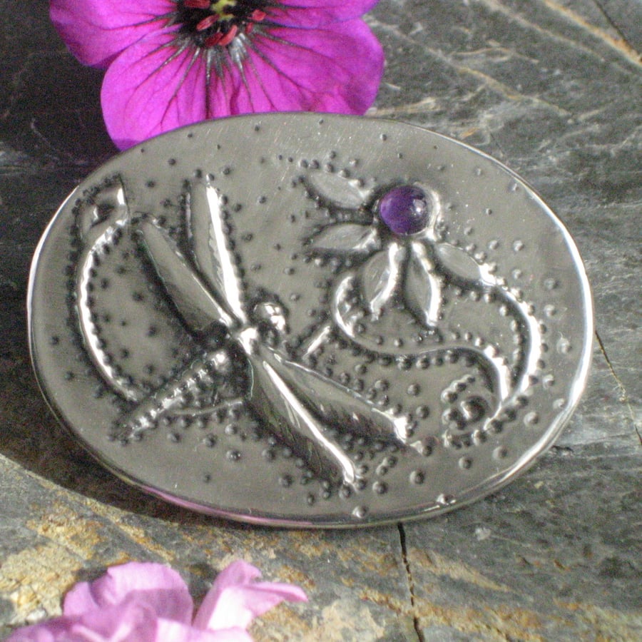 Reserved for Carol. Dragonfly Amethyst Brooch in Silver Pewter