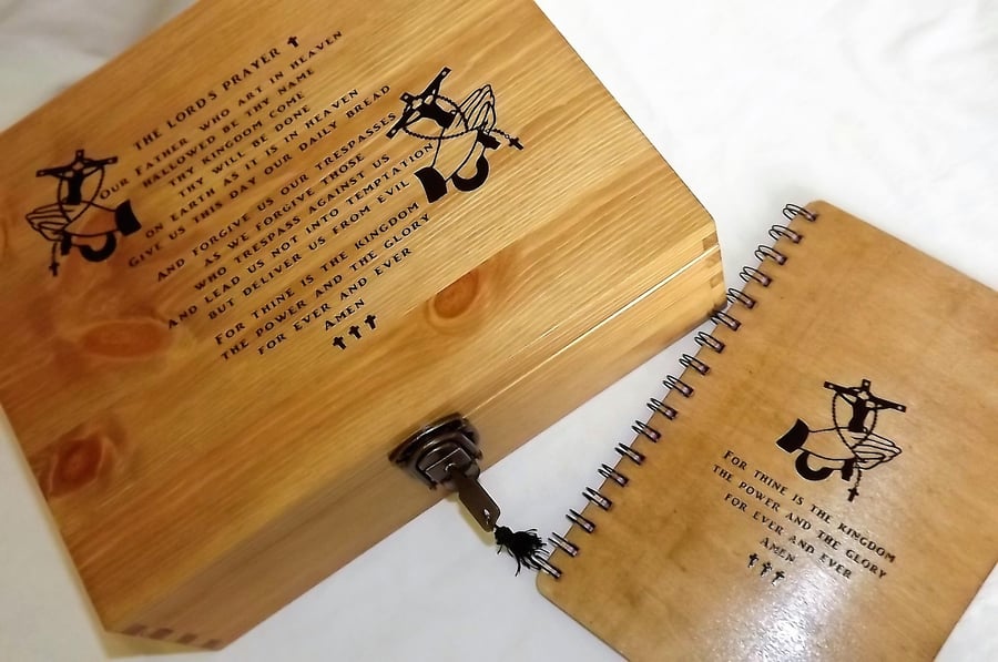 THE LORD'S PRAYER Large Lockable Wooden Box & Wooden Religious Journal.