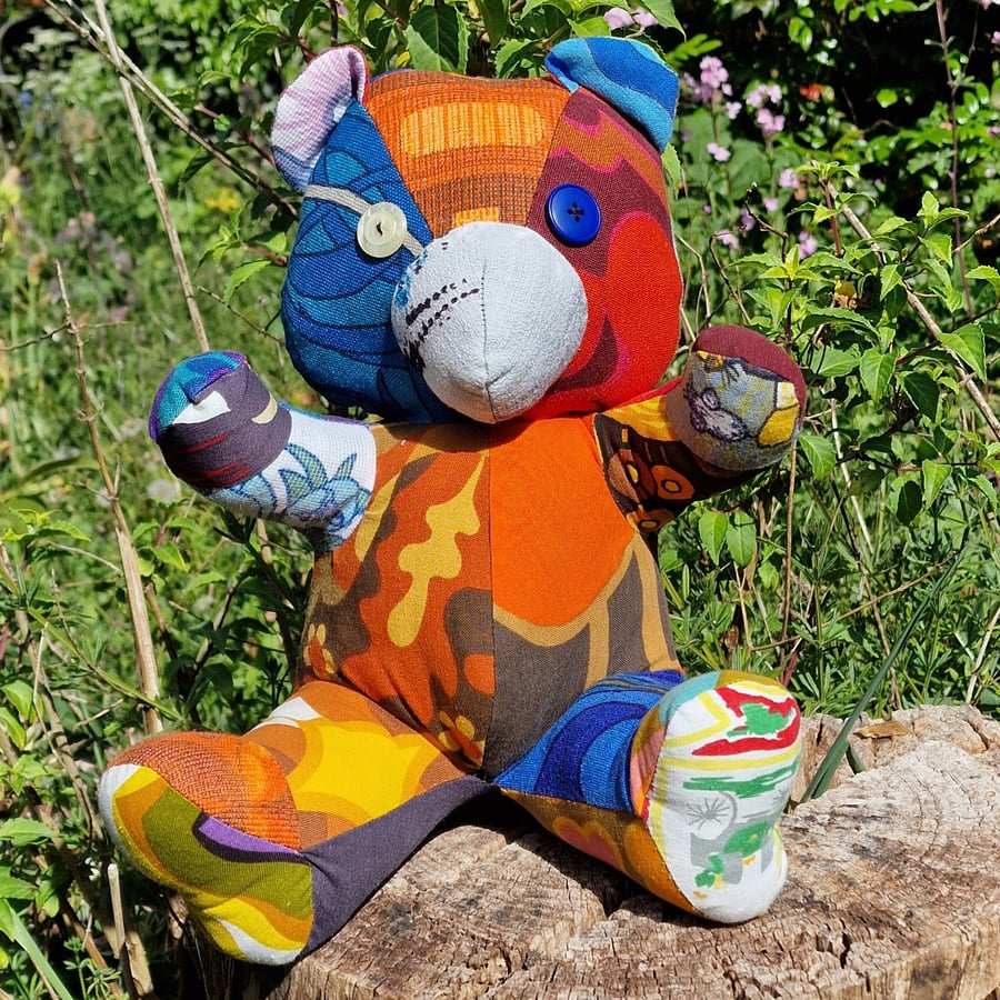 Handmade patchwork artist bear using vintage fabrics