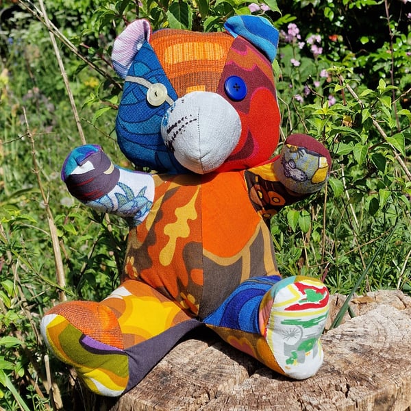 Handmade patchwork artist bear using vintage fabrics