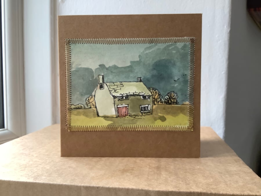 Original  handmade card pen and wash picture of a house , new home
