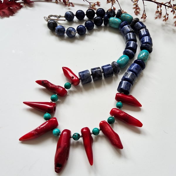 Eco Reclaimed Red Coral, Natural Turquoise & Sodalite Sterling Silver Necklace