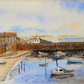 Ink and watercolour painting of Mousehole Harbour, Cornwall 390 mm x 270 mm