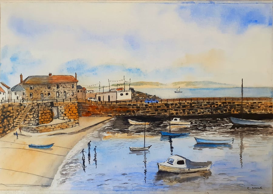 Ink and watercolour painting of Mousehole Harbour, Cornwall 390 mm x 270 mm