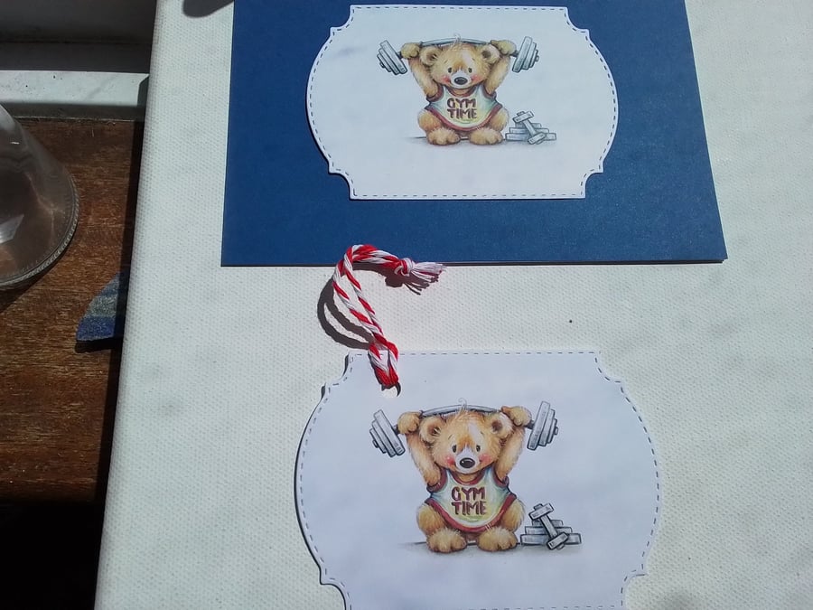 Card and gift tag.Birthday card. Father's day card. Gym. Weight lifting. Ref 427