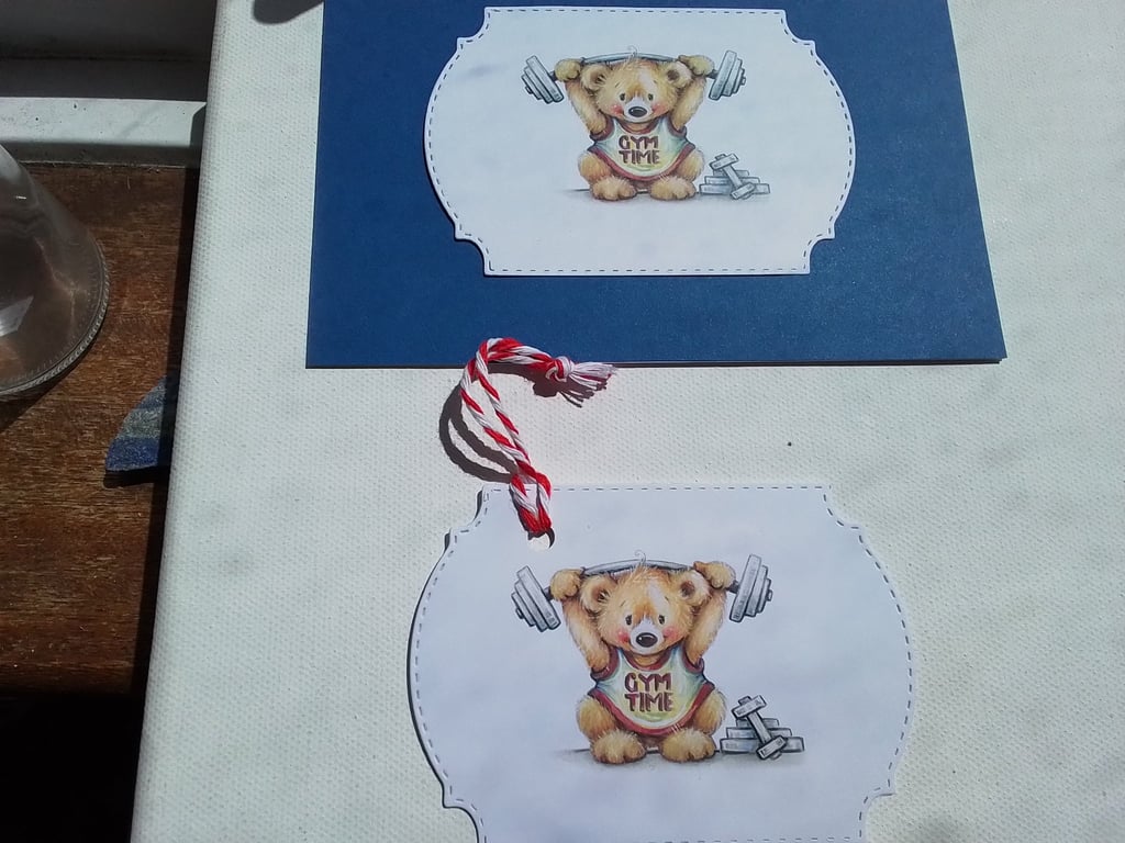 Card and gift tag.Birthday card. Father's day card. Gym. Weight lifting. Ref 427