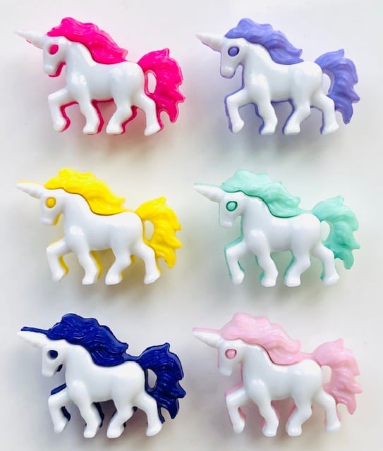 6 Unicorn Buttons, 1 Each of 6 Colours, 25mm by 18mm, Buy One Get One Free
