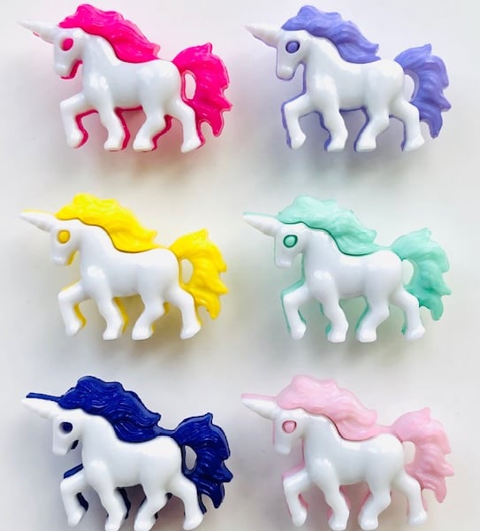 6 Unicorn Buttons, 1 Each of 6 Colours, 25mm by 18mm, Buy One Get One Free