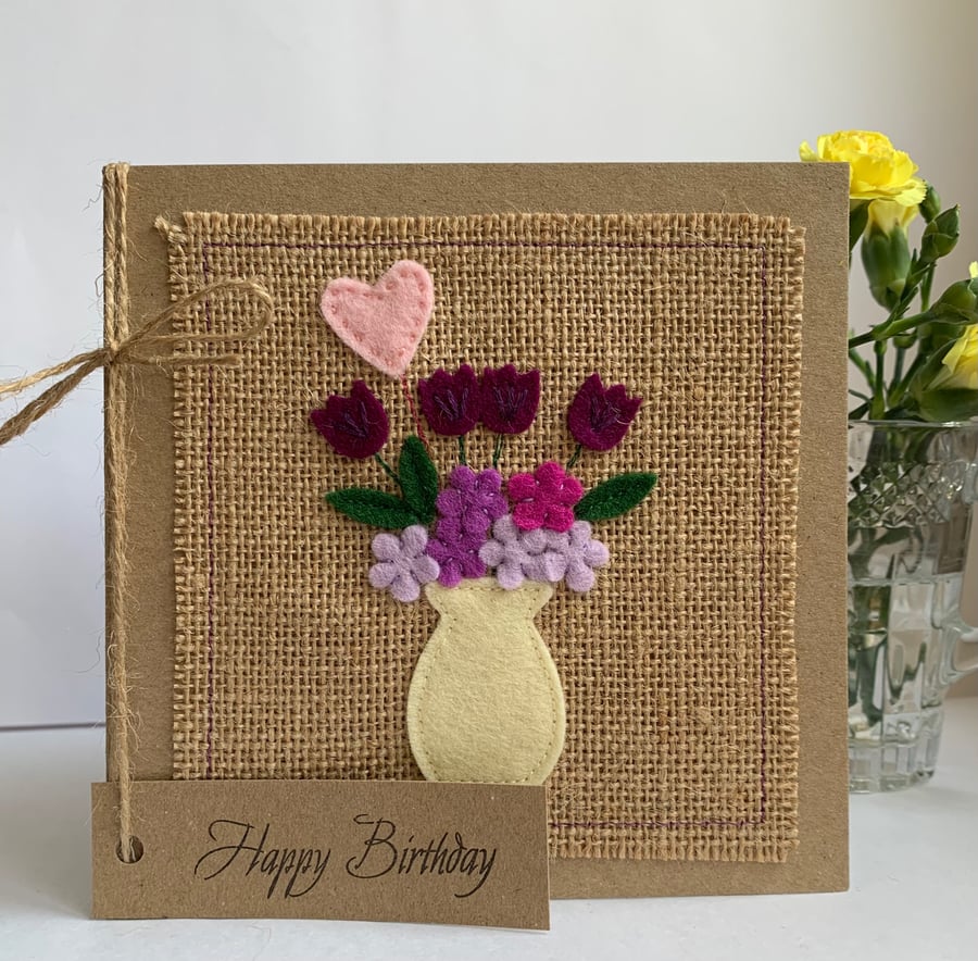 Birthday Card. Pale pink heart and flowers. Wool felt. Handmade Card.