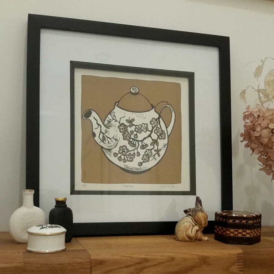 Linocut print Golden  Teapot    