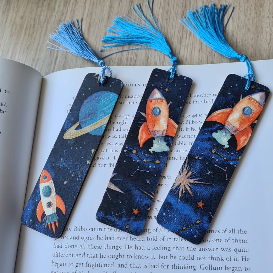 Wooden bookmark space design with tassel stocking filler choice of design