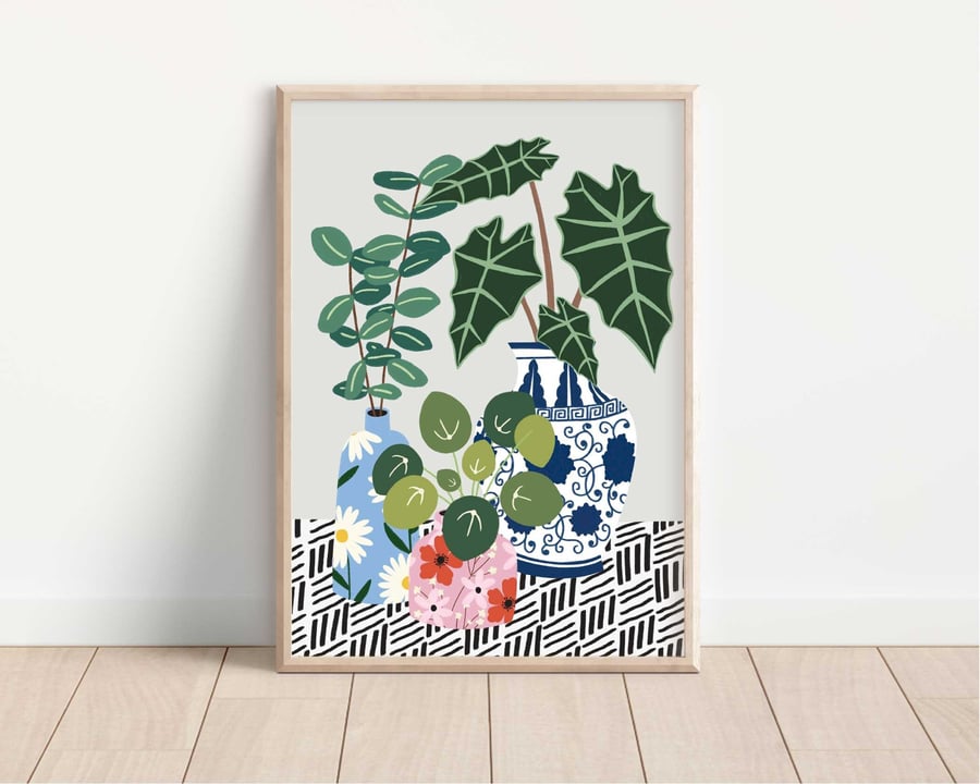 House Plant Trio Art Print: Botanical Illustration, Boho Decor