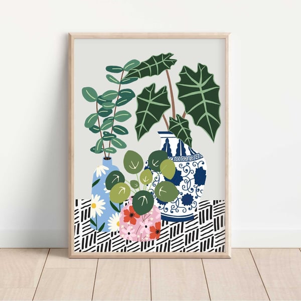 House Plant Trio Art Print: Botanical Illustration, Boho Decor