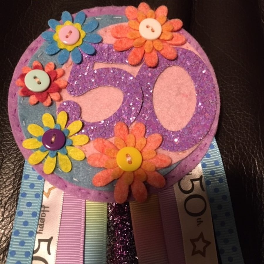 Birthday badge-Rosette Personalised - Flower theme - 50th- female